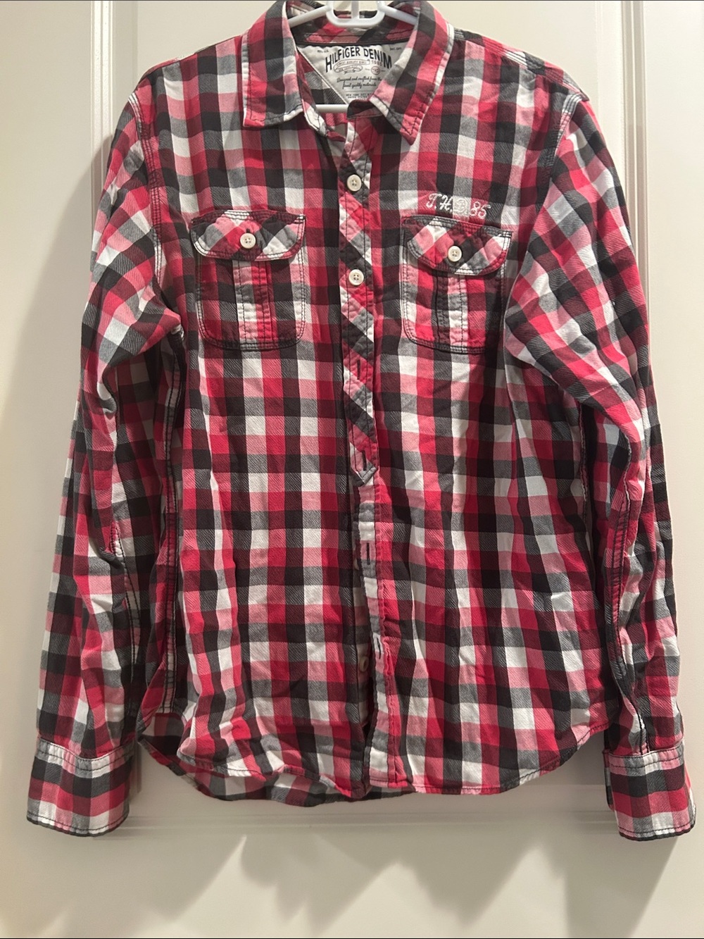 Tommy Hilfiger Embroidered Front Red Black White Plaid Casual button Shirt L